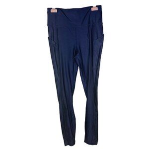 Fabletics M Navy Blue Shimmery Sheen Athletic Leggings With Side Pockets